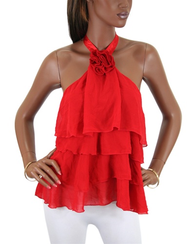 Womens Tops: Red Floral Tiered Ruffle Chiffon Halter Top- Red Rose Tie Back Top- Red Peplum Top