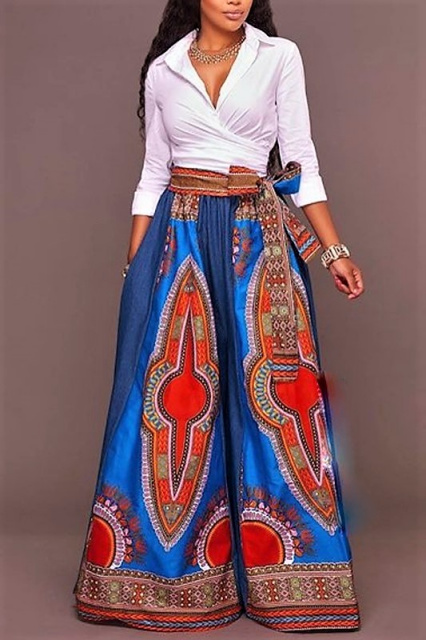 Pants-Blue Denim Dashiki African Print Wide Legs Palazzo Pants